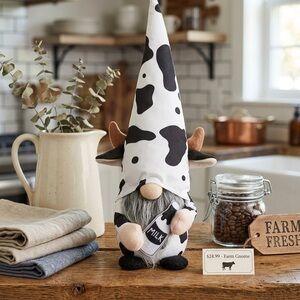 Cow Print Gnome Plush Holding 'MILK' Sign